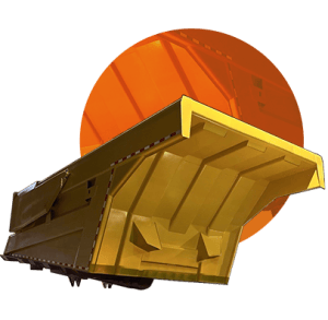 A large, yellow industrial dump bed attachment for a mining truck, shown against an orange semi-transparent background.