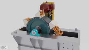 A mechanical machine provides reliable solutions for processing small round objects, likely food items, with rollers and a motor on top. Objects are directed into and out of the machine through chutes, complementing vertical conveying systems like ISC Bucket Elevators.